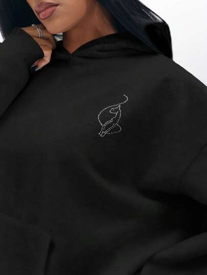 BABYPHAT Sudadera negra de talla grande con diseño con adornos de strass, sudadera con capucha de manga larga, cómoda y casual para el invierno