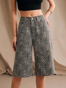 Anewsta Heavily Embellished Rhinestone Leopard Print Midi Shorts - Black - View 7