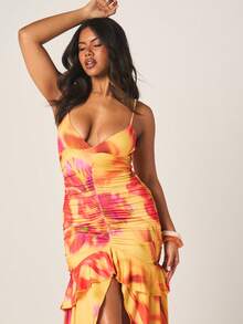 MISSGUIDED Women's Vibrant Tropical Pastal Ruched Spaghetti Strap Asymmetrical Ruffle Hem Maxi Dress Deep V Neck Summer Resort Evening Golf Gown Sexy - Multicolor - View 3