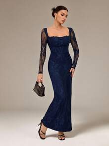 SHEIN Tall Đầm maxi đen ôm sát cơ thể, dài tay, dáng chữ S, chất liệu ren, có gọng nâng ngực, cổ vuông, ôm sát, dành cho nữ, thích hợp cho các buổi tiệc mùa hè, hẹn hò. - Màu xanh hải quân - Xem 7