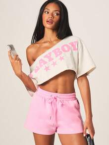 Missguided x Playboy Women's Pink Drawstring Elastic Waist Casual Jogger Shorts With Bunny Logo Print - Pink - View 5