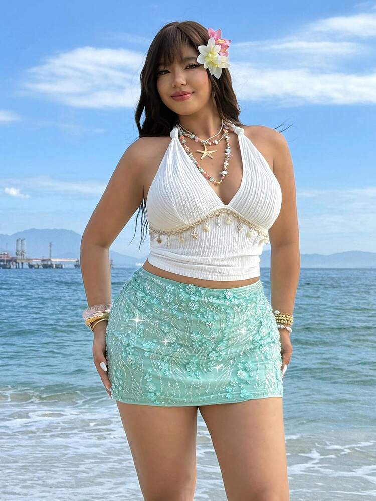 GalTyme 大码女式亮片装饰百搭约会之夜半身裙裤 - 綠色 - 查看 4