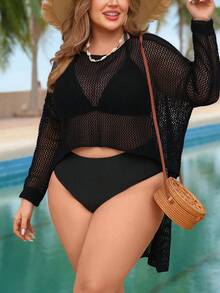 Swim Lushoire Plus Size Women Swimsuit Cover Up, Hollow Out Beach Dress With Short Front And Long Back Sleeves - Black - View 5