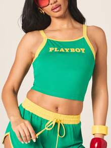 Missguided x Playboy Women's Tank Top With Yellow Contrast Trim Racer Back Sleeveless Crop Top - Green - View 3