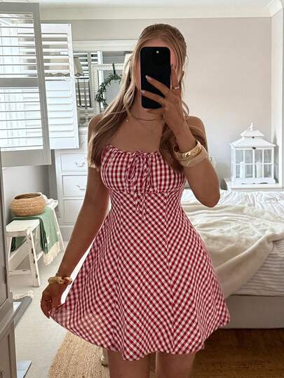 CovetEZ Plaid Front Tie Fashionable Spaghetti Strap Mini Dress For Women