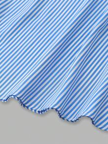 GlowEve Women's Striped Pattern Lapel Design Waist A-Line Dress, Elegant And Charming For Holiday, Commute, Music Festival, Date, French Riviera, Beach, Street Style, Versatile, Spring/Summer, Light Blue Striped New Arrival Puff Sleeve Midi Dress - Blue and White - View 6