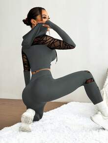 Easithlete 女士抽绳连帽网眼长袖上衣和高腰紧身打底裤休闲运动套装 - 深灰色 - 查看 5