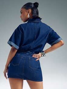 Denimoi Button Front Collared Rolled Cuff Sleeve Denim Mini Dress Fashionable Denim Sexy Dress Casual - Dark Wash - View 5