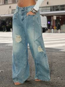 Denimoi Women's Casual Fashion Street Daily Commute Distressed Washed Loose Wide-Leg Denim Jeans - Blue - View 5