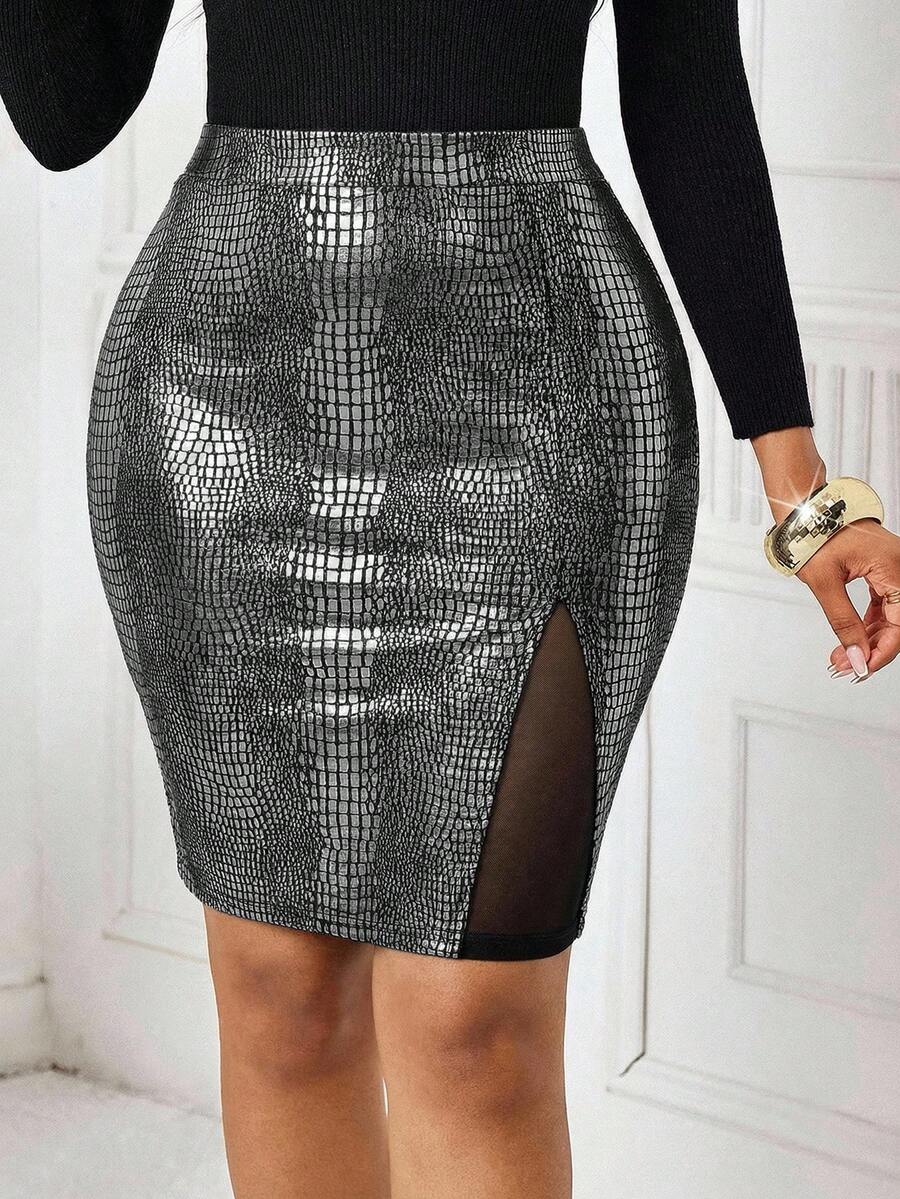 SHEIN Lady Plus Size Women Sexy Fashion Party Crocodile Print Mesh Patchwork Bodycon Pencil Skirt Silver Skirt For Women Bodycon Skirt Sexy Skirts For Women - Silver - View 1