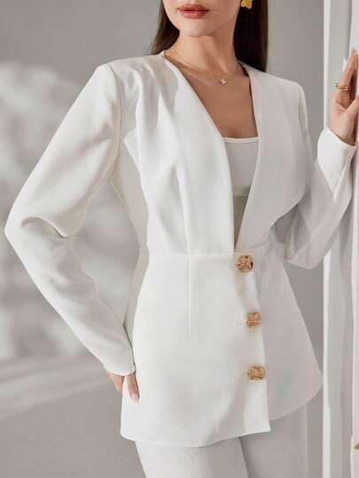 Veilorie Sacou minimalist la modă pentru femei, culoare solidă, cu umeri normali, mânecă lungă, decolteu în V