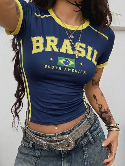 Coolane Áo thun nữ cỡ lớn phong cách đường phố mùa xuân/hè cá tính, thiết kế áo đấu bóng rổ in chữ, màu vàng, dành cho thị trường Brazil.