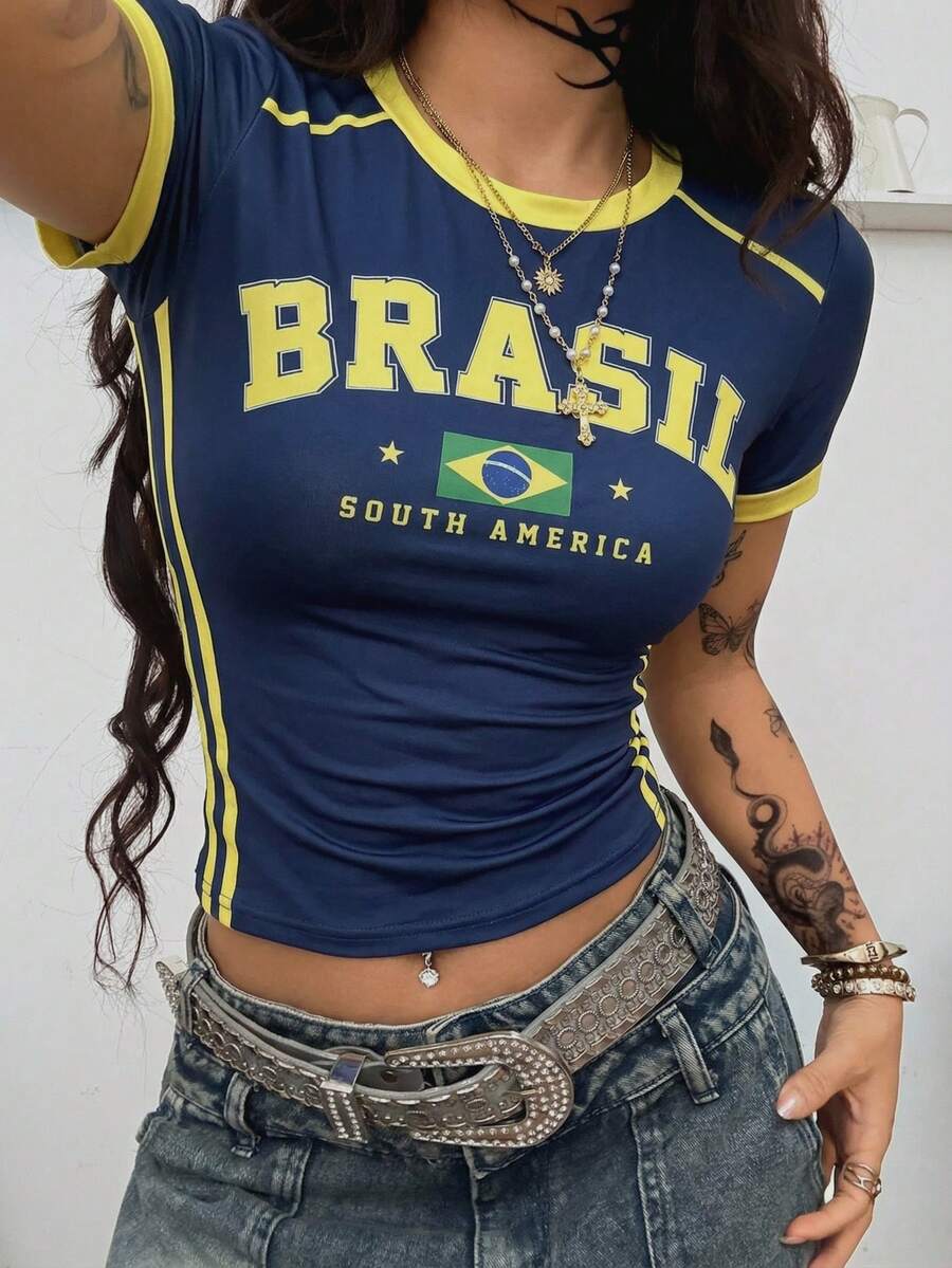 Coolane 巴西女士加大码春夏街头风酷炫篮球球衣设计字母印花黄色上衣 - 寶藍色 - 查看 1