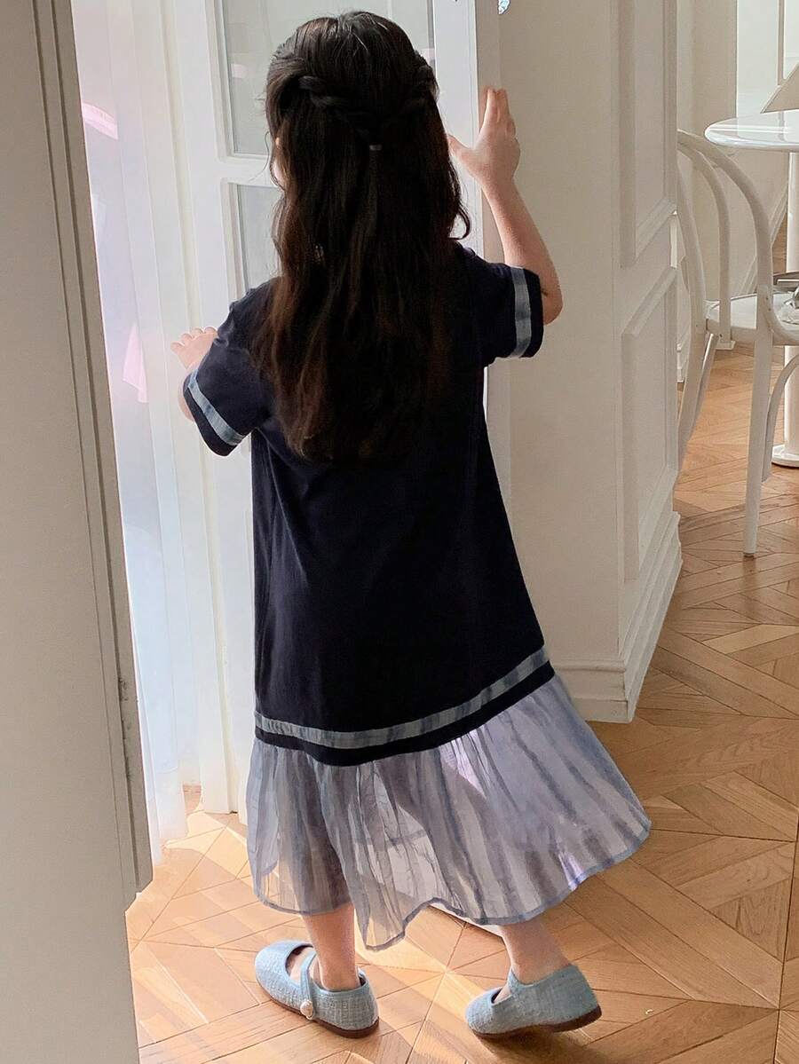 Dazy Kids 女童拼色圓領短袖休閒寬鬆荷葉邊拼接洋裝 夏季陽光洋裝 - 藍色 - 查看 1