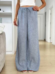 Easowa Women's Tie Waist Wide Leg Loose Casual Pants - Blue - View 4