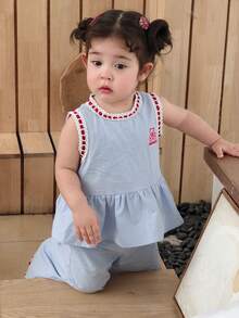 Dazy Kids Bộ 2 món áo và quần không tay cổ tròn kiểu Hàn Quốc viền bèo cho bé gái sơ sinh/trẻ nhỏ - Màu xanh lam - Xem 8