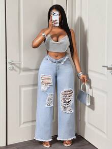 BamGleam Cowgirl Loose Fit Blue Distressed Flared Jeans With Frayed Hem, Non-Stretch, Spring For Women - Light Wash - View 7