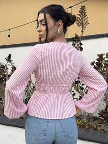 Andrea Bello Camisa de manga larga con cordones y diseño de rayas para mujeres, estilo minimalista apto para el verano - Rosa - Ver 2