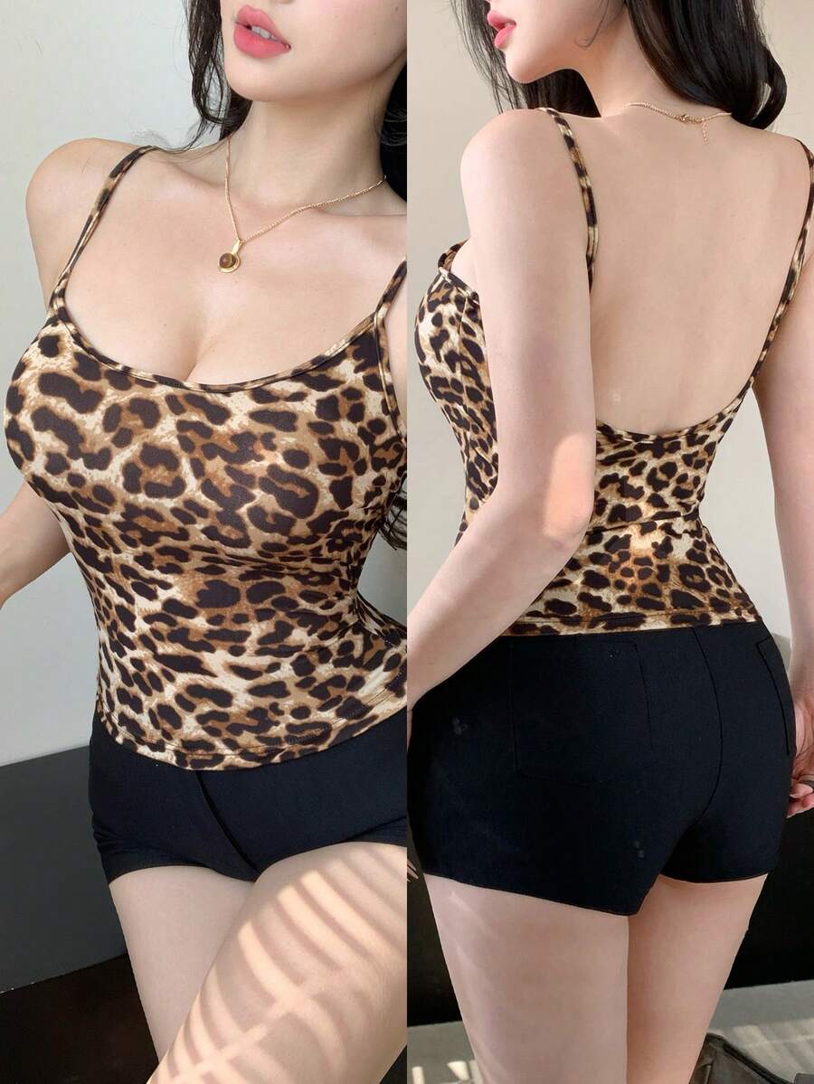 DAZY Áo hai dây ôm sát in họa tiết da báo dành cho nữ, đa năng cho các buổi hẹn hò và đi chơi mùa hè. - màu nâu - Xem 1