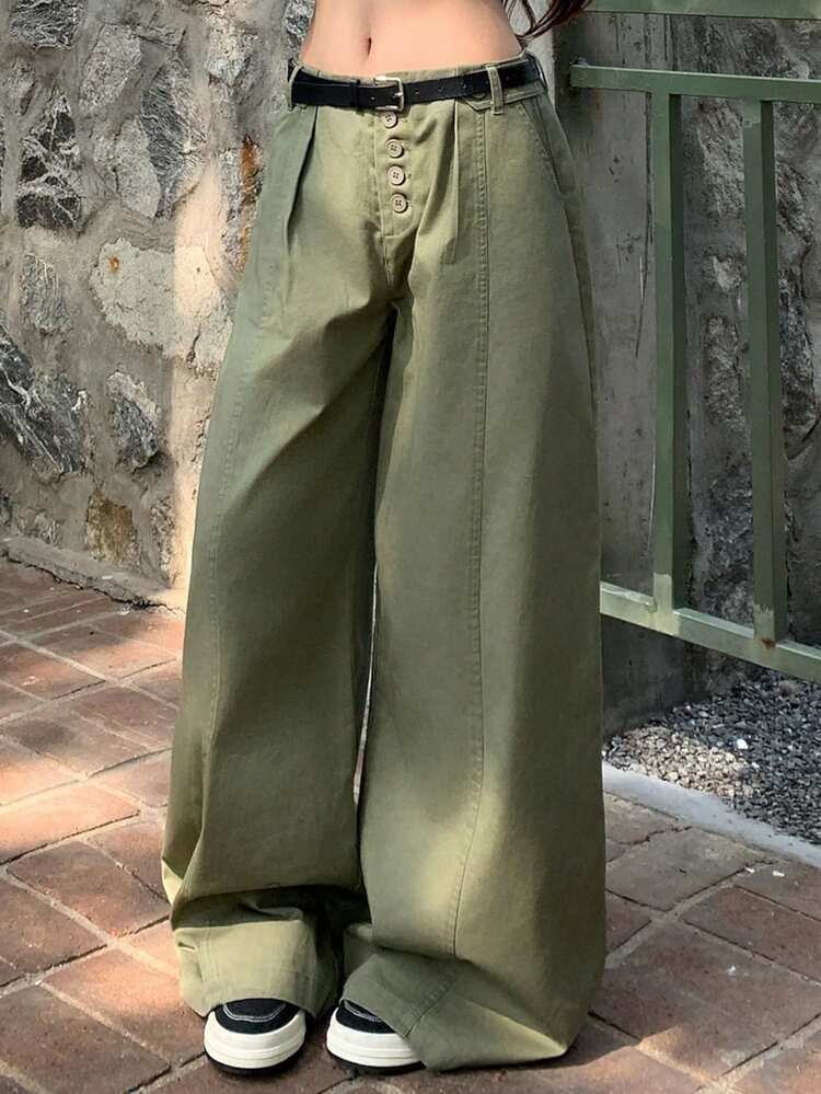 Women's Low-Waist Pleated Design Casual Barrel Leg Pants, Urban Streetwear Summer