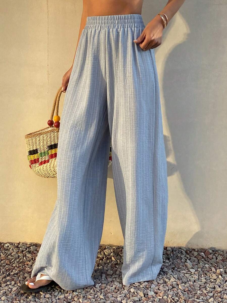 DAZY 女士弹性腰带休闲宽松裤，适合度假穿着 - 藍色 - 查看 1