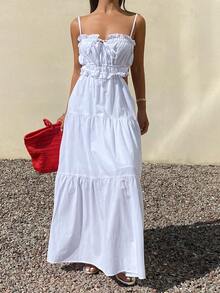 DAZY 春夏时尚白色修身休闲/沙滩度假露背连衣裙，适合情人节、婚礼等场合。 - 象牙白色 - 查看 5