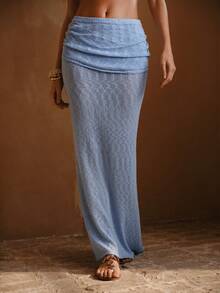 Swim Chiccia 女士优雅成熟度假蓝色纹理面料半身裙 - 藍色 - 查看 3