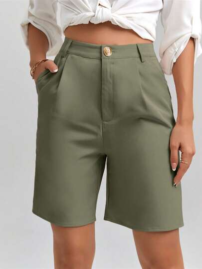 SHEIN Clasi Women's Solid Color High Waist Pleated Casual Capri Pants