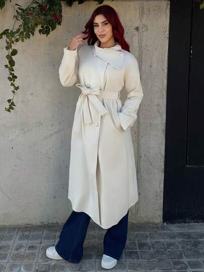 Bearsaez Women's Fashionable Versatile Solid Color Double-Breasted Overcoat, Autumn/Winter