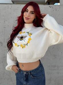 Bearsaez 女士蜜蜂刺绣落肩半高领毛衣、长袖上衣 - 杏色 - 查看 3
