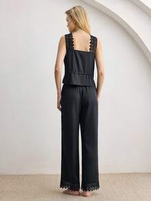 Ocili Women's Contrast Lace Single-Breasted Top And Pants Pajama Set - Black - View 3