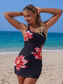 Swim Lushoire 3件套女士印花性感圆领吊带背心、三角比基尼上衣和迷你裙套装，夏季 - 彩色 - 查看 4