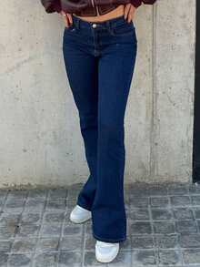 Bearsaez 女式冬季休闲保暖直筒牛仔裤 - 深色水洗藍 - 查看 6