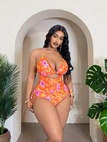 Slaydiva 2026 Spring New Halter Hollow Out Printed One-Piece High Waist Ruched Swimsuit For Women - Multicolor - View 4