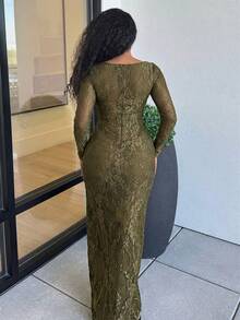 Alexandranx Damen Herbst/Winter Neu Sexy S-förmiges Spitze Langarm Bustier Korsett Meerjungfrau Maxi Bodycon Kleid, geeignet für Party, Date, Abend - Armeegrün - Übersicht 2