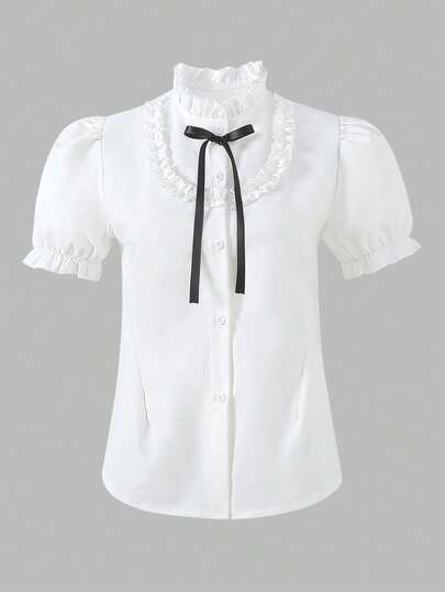Reset Phase Blusa con mangas abullonadas y decoración de lazo, versátil y de moda para adolescentes