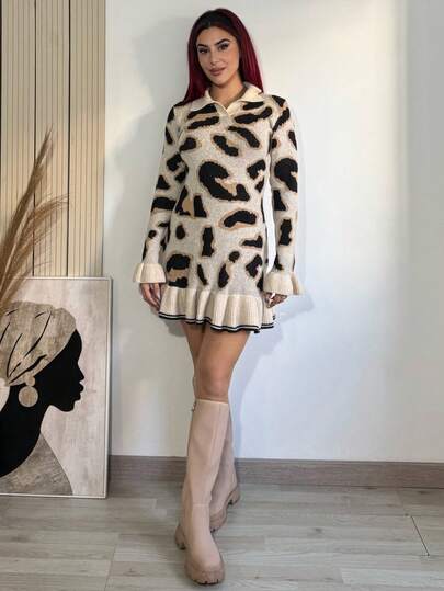 Bearsaez Vestido de punto con diseño ajustado, con volantes en el bajo y estampado de leopardo, para mujeres en otoño/invierno