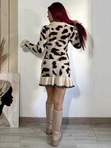 Bearsaez Women's Autumn/Winter Fashion Leopard Print Knit Ruffle Hem Bodycon Design Sweater Dress Fall Cloth For Women - Apricot - View 2