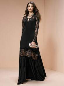 Arave 女士编织撞色蕾丝V领优雅长袖连衣裙 - 黑色 - 查看 5