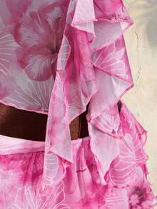 Amplova 女士两件套印花套装 - 粉色印花荷叶边V领吊带背心和荷叶边半裙，度假/休闲女士两件套夏季服装，度假套装，女士两件套，女士夏季两件套，粉色度假套装 - 淺粉色 - 查看 9