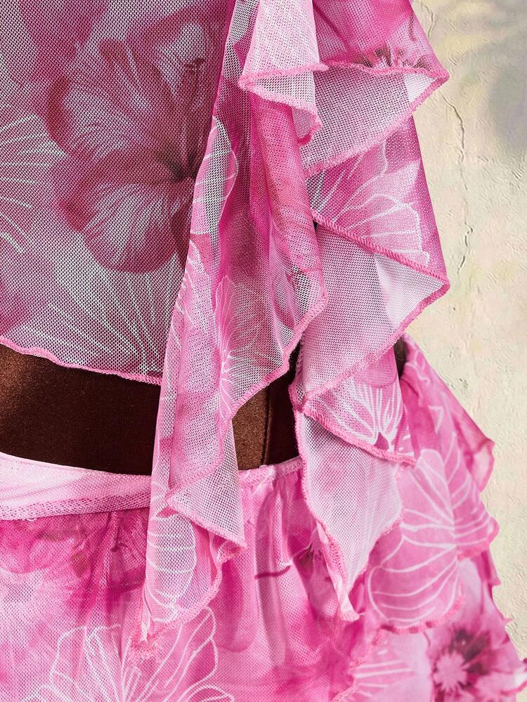 Amplova Dames tweedelige set met bloemenprint - Roze camisole top met bloemenprint en ruches aan de zoom, V-hals en rok met ruches aan de zoom, vakantie/casual zomeroutfit, vakantieoutfit voor dames, tweedelige zomerset voor dames, roze vakantieoutfit, roze tweedelige set - Baby roos - Bekijken 9