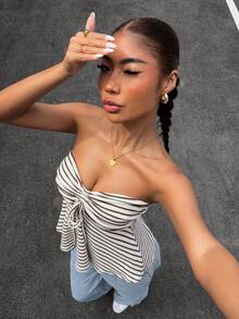 Muchica Summer Top Casual, Simple, And Sweet American-Style Brown Striped Top Is Perfect For Summer, Vacations, Back To School, College, Parties, Beaches, And Casual Wear.Elegant Women's Brown Top - Multicolor - View 4