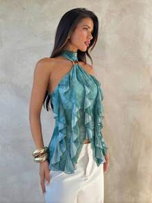 Aloruh Women's Elegant Multi-Layer Ruffle Trim Stand Collar Fitted Tank Top - Blue - View 1