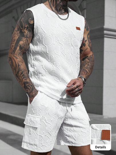 Manfinity CasualCool Men's Summer Casual Patch Detail Round Neck Loose Tank Top And Shorts Set,Men Old Money,Daily Leisure, Weekend Trips, Outdoor Activities, Travel Expeditions, Relaxed Work Environments Or Semi-Formal Occasions, Boyfriend/Husband Gift, Anniversary /Birthday Gift Party Summer Vacation Holiday,Wedding,Spring To Summer,Easter,Men's Fashion White Embossed Letter Sleeveless T Shirt And Cargo Shorts Set For Summer Casual Wear,Men White Letters Two Piece Set,Men Two Piece Set Summer,Men White Shorts Outfit,Men Summer Sets,Men White Embossed Two Piece