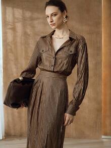 Arave Women's Woven Cotton Blend Metallic Silver Thread Fabric Shirt Collar Small Drop Shoulder Long Sleeve Cinched Waist Full Button Design Casual Long Dress - Coffee Brown - View 5