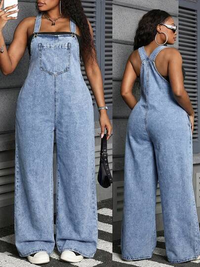 Dripcurv Peto vaquero de pierna ancha versátil y casual para mujer de talla grande