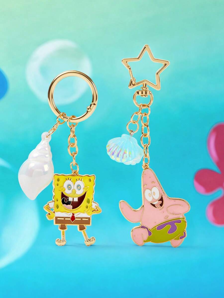 SpongeBob SquarePants | SHEIN 可爱卡通锌合金滴水钥匙扣包挂件,海螺壳吊坠,海洋元素饰品 - 混色 - 查看 1