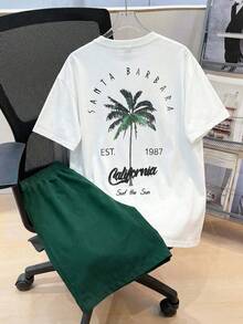 SHEIN 2pcs Set Teen Boy's Tropical Print Tee & Drawstring Waist Shorts;Spring Wear; Teen Boys' Clothing; Kids' Jackets, Spring Back To School - Army Green - View 1