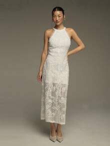 COSMINA Women's Long Dress, Round Neck Sleeveless Ladies Dress, Embroidered Fabric, Lace Patchwork, Wedding Guest Dress, Wedding Dress, White Ladies Dress, Elegant Women's Dress, Summer Dress, Date Dress, Party Dress - White - View 4