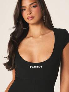Missguided x Playboy Bodysuit de Gola Canoa, Sem Mangas, Preto, Com Recorte na Frente, Macacão Casual para Descanso - Preto - Visão 5